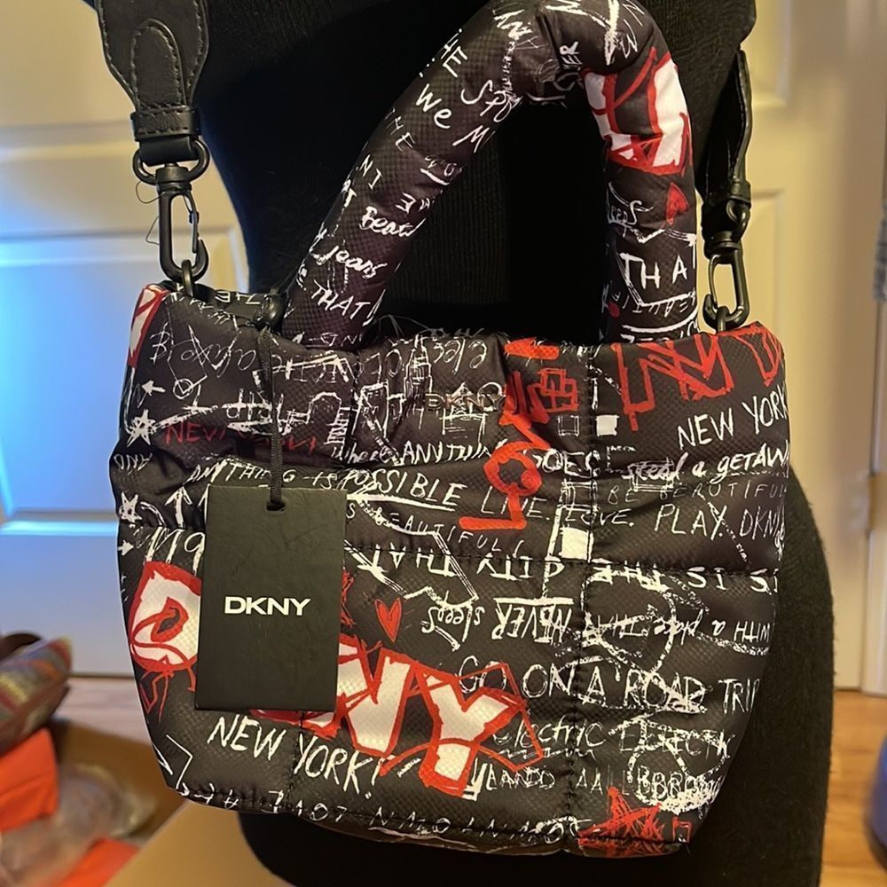 DKNY Petite Quilted Black and Red Graffiti Print Crossbody Tote - Picture 2 of 5